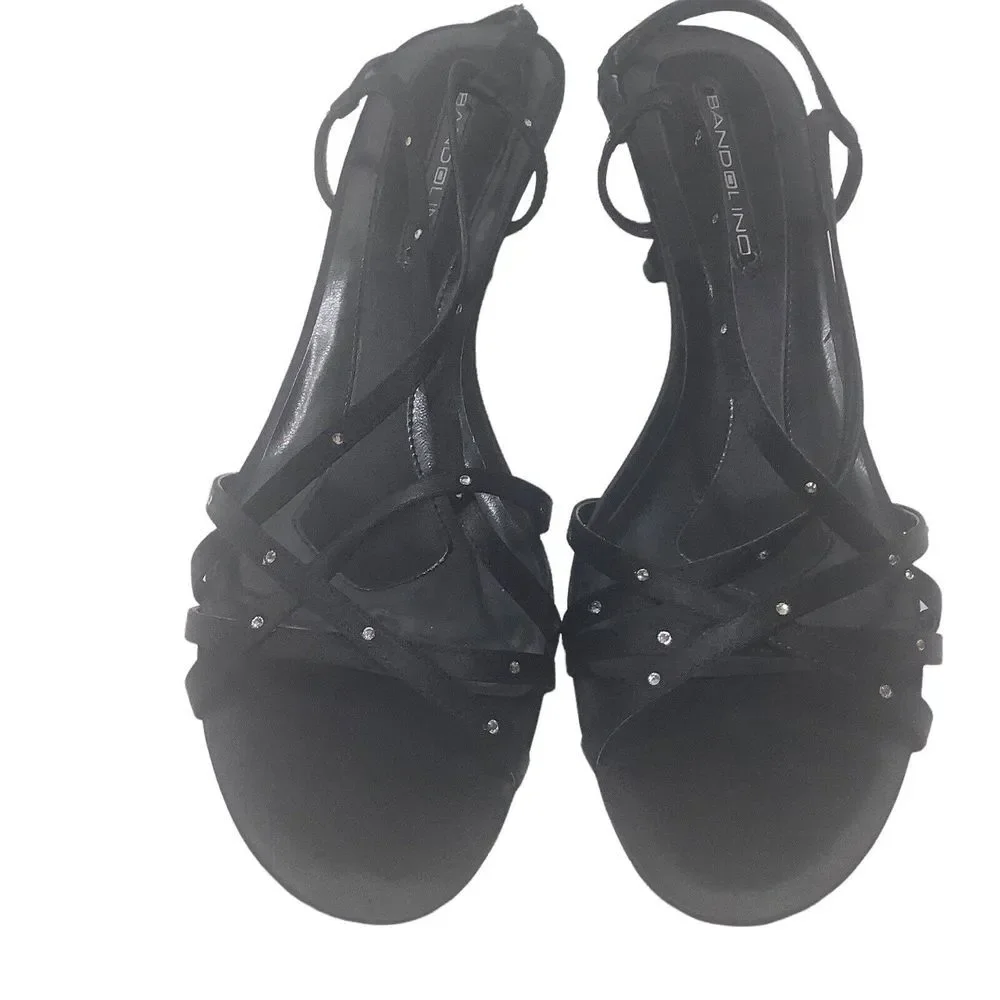 Bandolino Dressy Strappy Sandal Size 9.5 M Black Fabric‎ with Rhinestones Womans